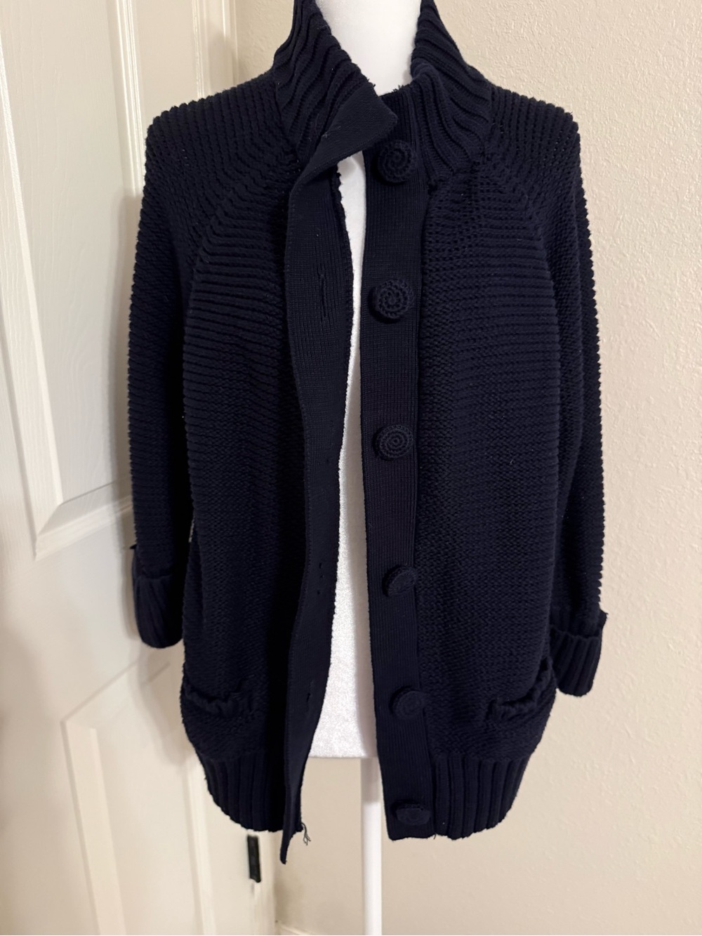 Chico's Navy Ribbed Button Cardigan with High Collar